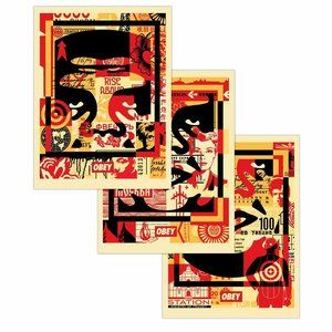 SIGNED! Shepard Fairey OBEY ICON 3 FACE COLLAGE 3 Print SET Poster Giant 18 X 24